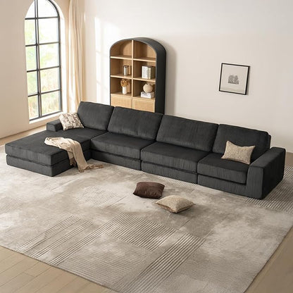 160.63‘’ Boneless Couch Cloud Modular Sectional Couches for Living Room, Oversize L-Shape Sofa with Deep Seat, Plush Corduroy 4-Seater with Ottoman, No Assembly Required