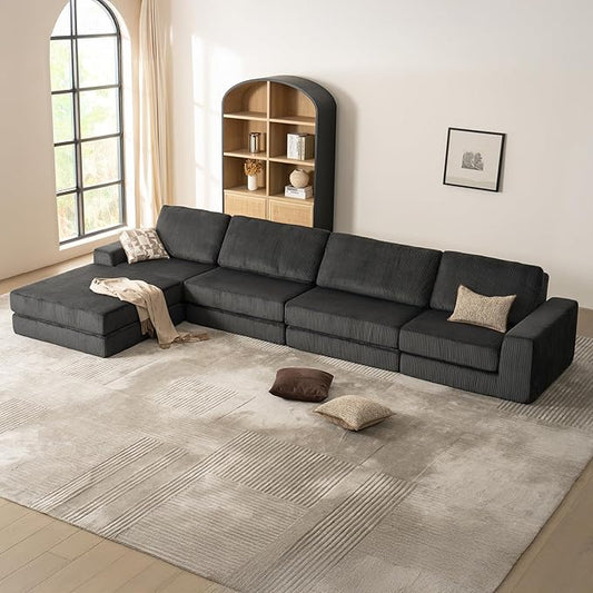160.63‘’ Boneless Couch Cloud Modular Sectional Couches for Living Room, Oversize L-Shape Sofa with Deep Seat, Plush Corduroy 4-Seater with Ottoman, No Assembly Required