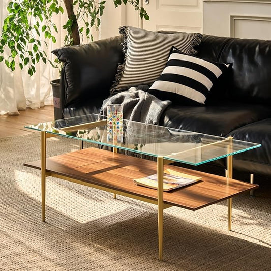 Saint Mossi Tadio Glass Coffee Table, Clear Double Layer Glass Coffee Table for Living Room, Clear Glass & Coffee Brown Bottom Shelf