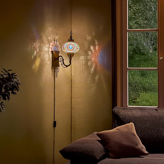 Turkish Moroccan Mosaic Plug-in Wall Sconce Lamp, Handmade Tiffany-Style Glass Globe, Ornate Brass Base, 5.2-ft Cord, Decorative Lighting for Living Room, Bedroom, Dining Room, 15x5 in, Multicolor