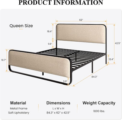 SHA CERLIN Queen Size Platform Metal Bed Frame with Curved Upholstered Headboard and Footboard, Large Under Bed Storage, No Box Spring Needed, Modern, Beige