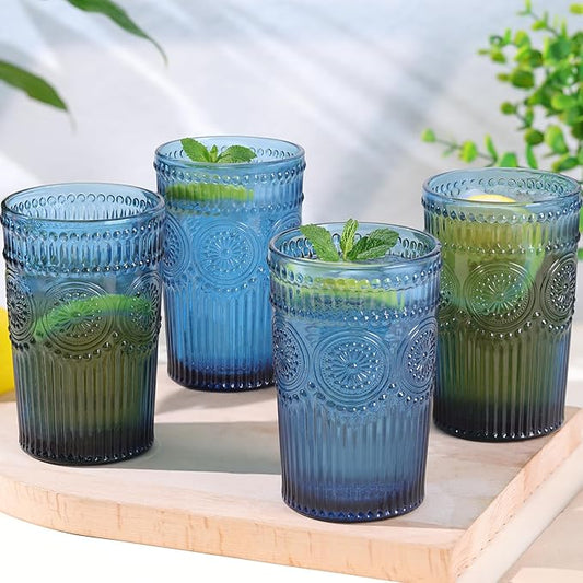 Vintage Glassware Drinking Glasses Set of 4-13 oz Blue Highball Glasses Water Tumbler, Embossed Glassware Cups for Juice, Beer, Cocktail, Whiskey, Various Mixed Drinks