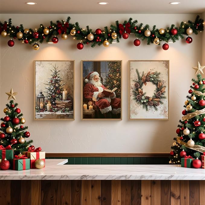 HOURIA Vintage Christmas Framed Canvas Wall Art Set,Santa Claus Reading Book Decor, Wreath Pinecone Berries Artwork,Cozy Night Tree Candle Lantern Prints for Living Room,Xmas Holiday Gifts- 24"x36"x3