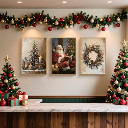 HOURIA Vintage Christmas Framed Canvas Wall Art Set,Santa Claus Reading Book Decor, Wreath Pinecone Berries Artwork,Cozy Night Tree Candle Lantern Prints for Living Room,Xmas Holiday Gifts- 24"x36"x3
