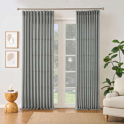 RAIN CITY Grey Linen Curtains 94 Inch Length 2 Panels, Soft Thick Linen Textured Window Drapes for Bedroom Living Room Semi Sheer Light Filtering Back Tab Pinch Pleated with Hooks 50x94