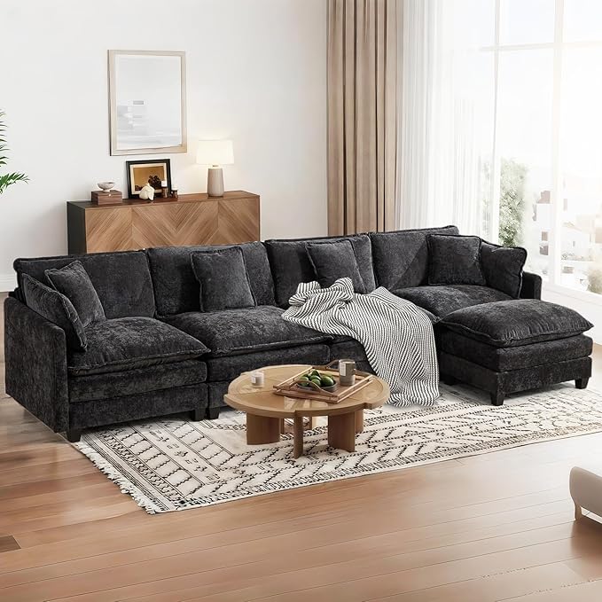 SoarFlash 143.2" Chenille Sectional Sofa, Comfy L Shaped Modular Coush Sofa with Ottoman, Modern 4 Seat Couch Deep Seat Sofa Set for Living Room,Black