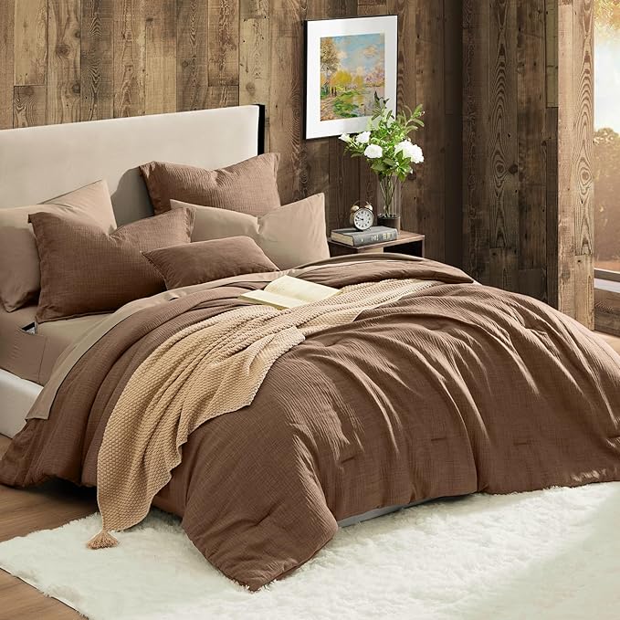 Geniospin Brown Full Comforter Set - 7 Pieces Comforter Full Size, Solid Bedding Set for All Season, Textured Bed in a Bag with Sheets