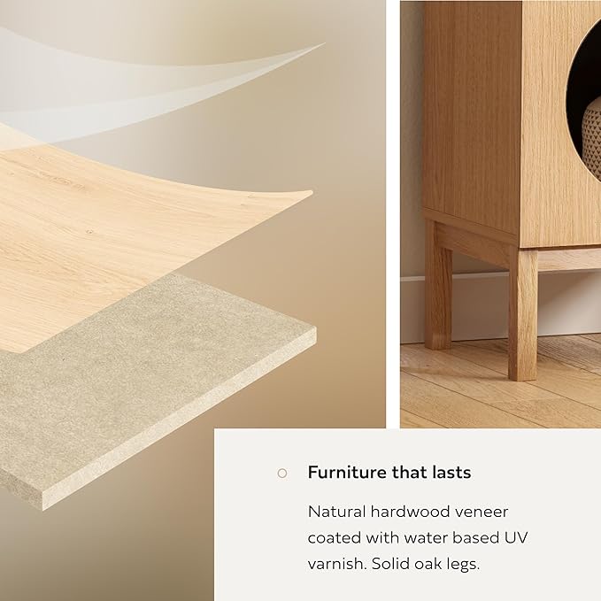 WERMO 18’’ Showcase Display Cabinet with Geometric Cut-Out Doors - Modern Curio Cabinet for Dining Room, Living Room, Entryway. Trophy Case and Collectible Display Case Wood with Door & Storage Consoles (Oak)