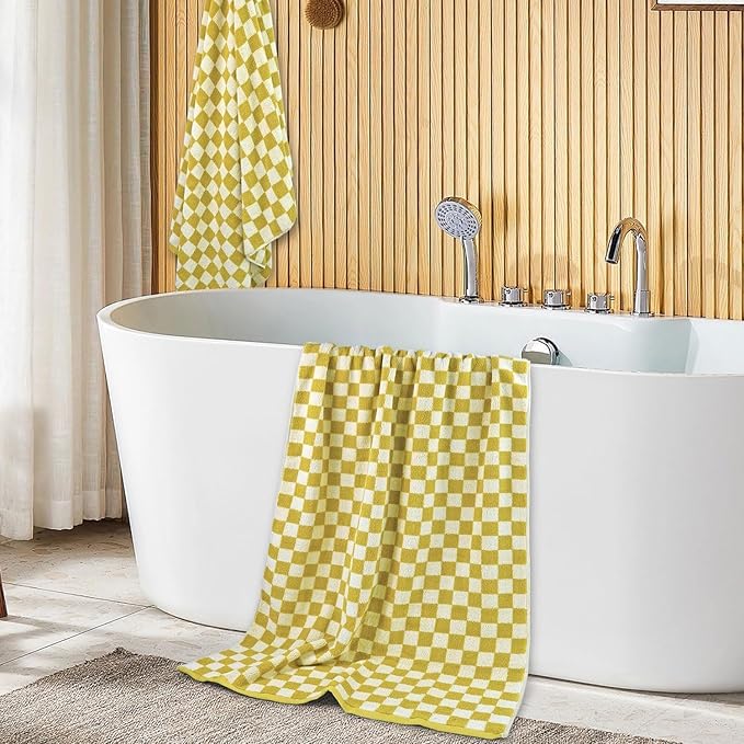 Luxury Bath Towels  Pack of 2 Cotton Fall Bathroom Towels Sets for Body Drying 55x27.5 Inches Mustard Yellow Checkered