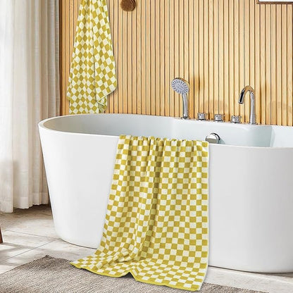 Luxury Bath Towels  Pack of 2 Cotton Fall Bathroom Towels Sets for Body Drying 55x27.5 Inches Mustard Yellow Checkered