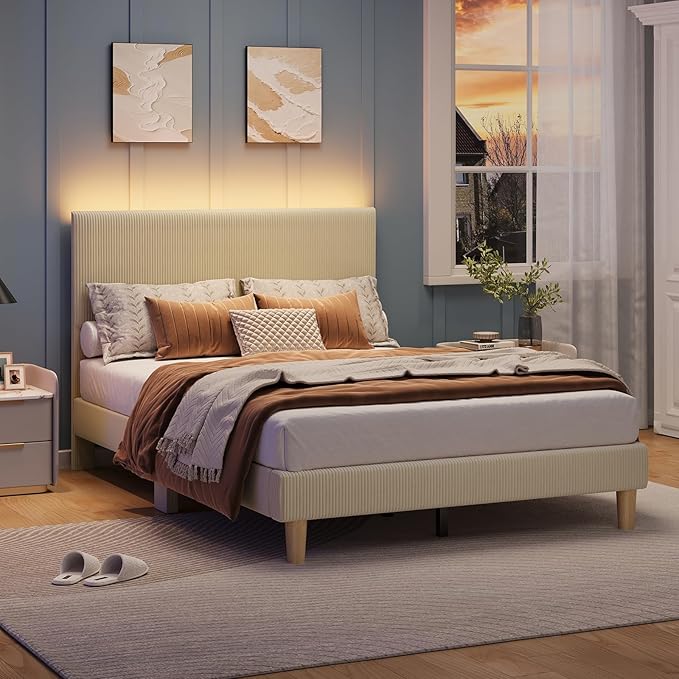 Bestier Full Bed Frame with Adjustable Headboard, LED Lighting, Vertical Channel Tufted Corduroy Upholstered, Solid Wooden Slats Support, No Box Spring Needed, Never Squeaks, Easy Assembly, Taupe