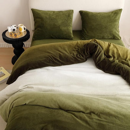 CLOTHKNOW Green White Velvet Full Size Comforter Sets Fluffy Bedding Comforter Sets Soft Olive Green Comforter with 2 x Pillow Cases