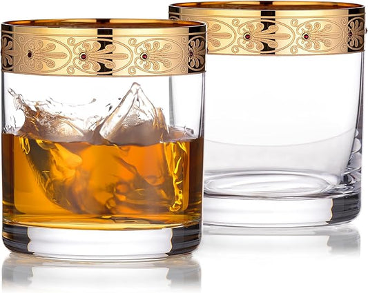 Jeweled Whiskey Glasses, Gold Rimmed Hand Decorated Bourbon Glasses Set of 2, Old Fashioned Whiskey Glasses with Heavy Bottom