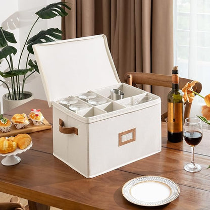 StorageWorks Stemware Storage Cases, Hard Shell Wine Glass Storage Box with Dividers for Glassware, Crystal, and China Holds 12 Standard Size Wine Glasses, 1 Pack, Beige