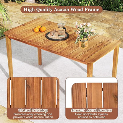 Tangkula Rectangular Outdoor Dining Table, 4-6 People Large Acacia Wood Patio Table with Slatted Tabletop, Indoor Outdoor Farmhouse Bistro Table for Yard, Garden, Poolside, Deck