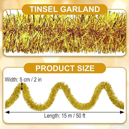 50 Feet Gold Christmas Tinsel Garland, Metallic Foil Twist Garland Wall Hanging Tinsel Banner Backdrop for Parade Floats, Easter, Mother's Day, Wedding Party Decorations (2in x 50ft)