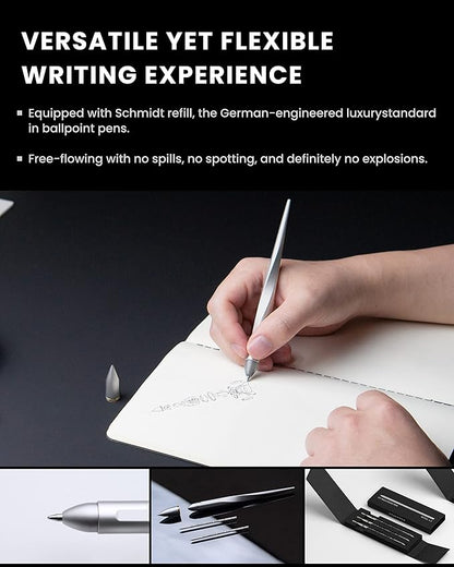 novium Hoverpen Interstellar - Luxury Ballpoint Pen Made With Aerospace Alloys, Unique Aesthetic, Free Spinning Executive Pen, Desk Decor (Starlight Silver, 18K-Gold)