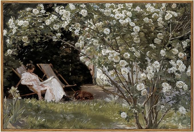 KBKBART Framed Vintage Canvas Wall Art, Retro French Country Garden Women Flower Classical Painting Bedroom Art Print, Rustic Vintage Wall Decor Ready To Hang for Bathroom, Living Room, Office,