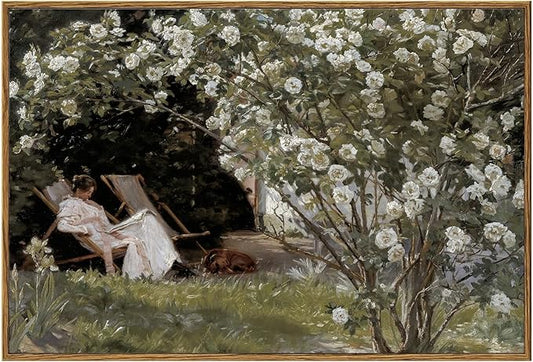 KBKBART Framed Vintage Canvas Wall Art, Retro French Country Garden Women Flower Classical Painting Bedroom Art Print, Rustic Vintage Wall Decor Ready To Hang for Bathroom, Living Room, Office,