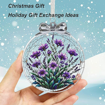 Bauhinia & Violets Stained Glass Ornament - Hanging Ornaments for Christmas Tree, Christmas Ornaments Xmas Decorations, Holiday Keepsake Present Exchange Ideas