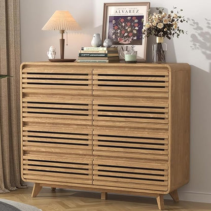 Fluted 8 Drawers Dresser for Bedroom, 48" Wide Wood Dressers & Chests of Drawers Slides Pre-Installed, Wooden Dresser TV Stand, Modern Closet Clothes Storage Organizer for Living Room, Natural Oak