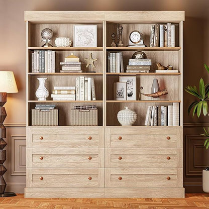 Vyre 71" Tall Farmhouse Bookshelves with Drawers, Set of 3 – Large Modular Bookcase with Adjustable Shelves, Storage Cabinet for Living Room, Kitchen, Home Office, Brown