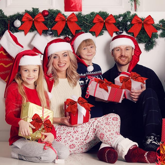 Cindeer 24 Pcs Red Christmas Bow Decorations 6 x 6 Inches, Glitter Holiday Ornaments Sequin Ties Bows for Xmas Tree, Wreath, DIY Crafts, Gift Wrapping, Party Decor