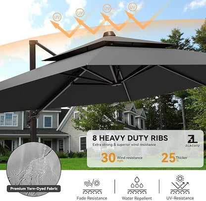 9x12FT Grey Cantilever Outdoor Patio Umbrella with Base, Large Rectangular Offset Design, Double Top Heavy Duty Aluminum Frame & 360° Rotation for Pool Garden Deck Backyard