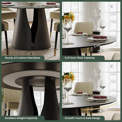 POVISON 47" Round Dining Table for 4, Modern Dining Table Round, Matte Black Sintered Stone Tabletop with Black Carbon Steel Pedestal (Dining Room Table Only)