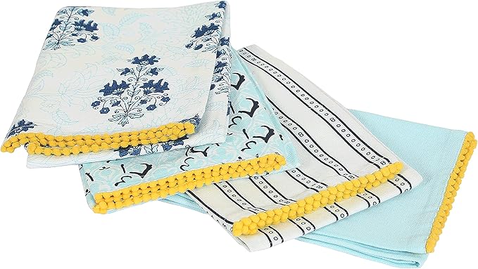 TARAN LIVING Printed Kitchen Dish Bar Tea Towels Cotton with Trims Hand Towel Gift for Mothers Day Cotton Dish Towel Sets Gift for Mom - White & Blue, Set of 4-18x28 inches