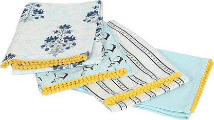 TARAN LIVING Printed Kitchen Dish Bar Tea Towels Cotton with Trims Hand Towel Gift for Mothers Day Cotton Dish Towel Sets Gift for Mom - White & Blue, Set of 4-18x28 inches