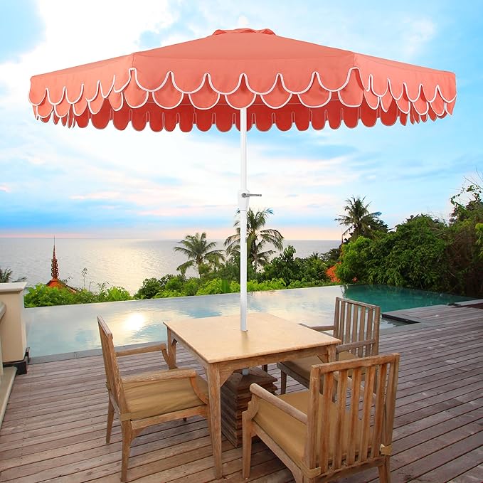 JONATHAN Y UMB1002F Tracy 9 ft. Classic MidCentury Scalloped Fringe Market Patio Umbrella with Auto-Tilt Crank, Wind Vent and UV Protection in Coral Red/White, White Pole