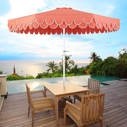 JONATHAN Y UMB1002F Tracy 9 ft. Classic MidCentury Scalloped Fringe Market Patio Umbrella with Auto-Tilt Crank, Wind Vent and UV Protection in Coral Red/White, White Pole
