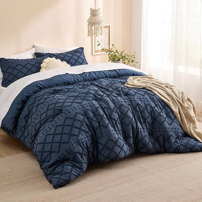 Bedsure Oversized Queen Comforter Set - Navy Blue Comforter, Boho Tufted Shabby Chic Bedding, 3 Pieces Vintage Farmhouse Bed Set for All Seasons, Fluffy Soft Bedding with 2 Pillow Shams