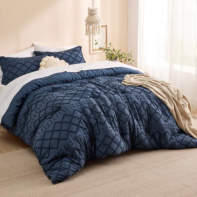 Bedsure Twin XL Comforter Set - Navy Blue Comforter, Boho Tufted Shabby Chic Bedding for Kids, 2 Pieces Vintage Farmhouse Bed Set for All Seasons, Fluffy Soft Bedding with 1 Pillow Sham