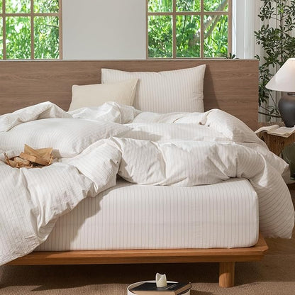 MooMee Striped Duvet Cover Set 100% Washed Cotton Linen Like Textured Breathable Durable Soft Comfy (White Almond Milk Grey Wide Stripes, Alaska King 132"x120")