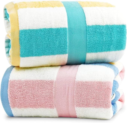 Jacquotha 100% Cotton Bath Towels Set of 2 Highly Absorbent Striped Towels for Bathroom Hotel Spa, Peach Pink & Teal