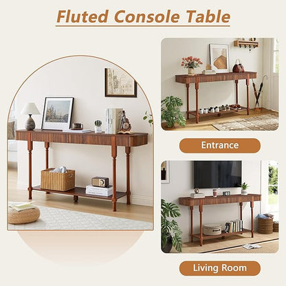 63'' Fluted Console Table with 2 Drawers, 2-Tier Long Entryway Tables with Open Storage, Wooden Narrow Sofa Table Behind Couch, Foyer Accent Table for Living Room, Hallway, Entrance (Walnut)