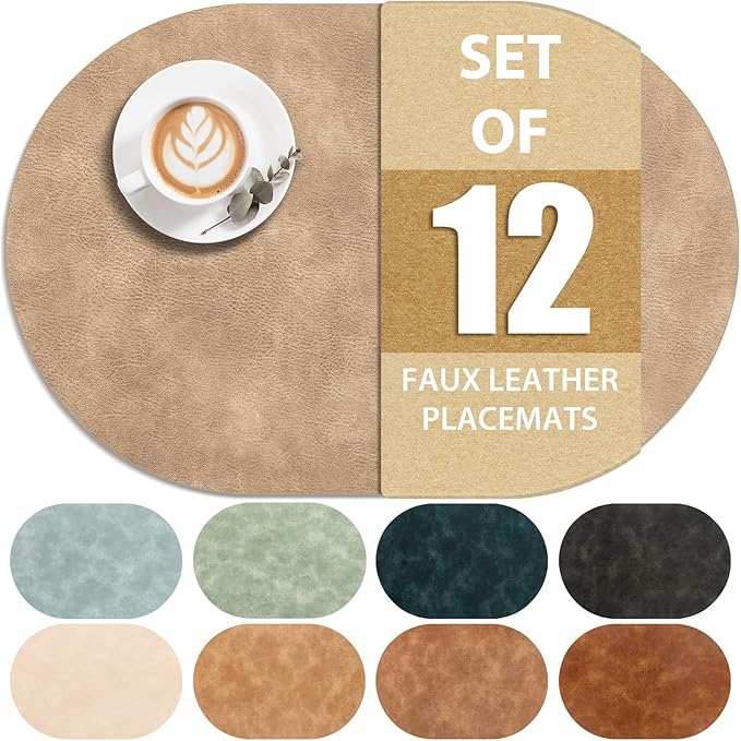 ADRIMER Placemats, Heat Resistant Oval Place Mats Set of 12 Washable 12 x 17 Inch, Waterproof Table Mats Set of 12, Wipeable Faux Leather Placemats for Kitchen, Dining Room, Apricot