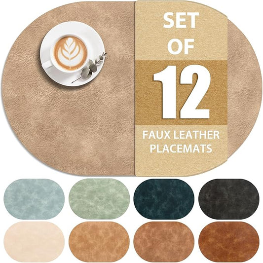 ADRIMER Placemats, Heat Resistant Oval Place Mats Set of 12 Washable 12 x 17 Inch, Waterproof Table Mats Set of 12, Wipeable Faux Leather Placemats for Kitchen, Dining Room, Apricot