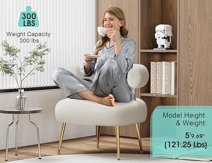 Mid Century Sherpa Boucle Accent Chair, Round Upholstered Barrel Arm Chair for Small Spaces, Fluffy Side Corner Chair for Living Room, Bedroom, Vanity, Office, Reading Nook(Cream White)