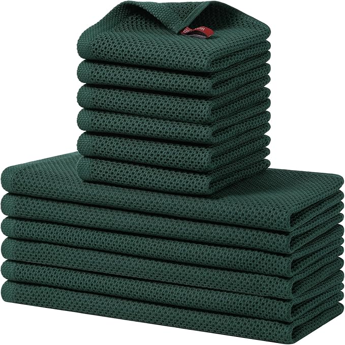Homaxy 100% Cotton Kitchen Towels and Dishcloths Set, 12 x 12 Inches and 13 x 28 Inches, Set of 12 Bulk Kitchen Towels Set, Ultra Soft Absorbent Dish Cloths for Washing Dishes, Blackish Green
