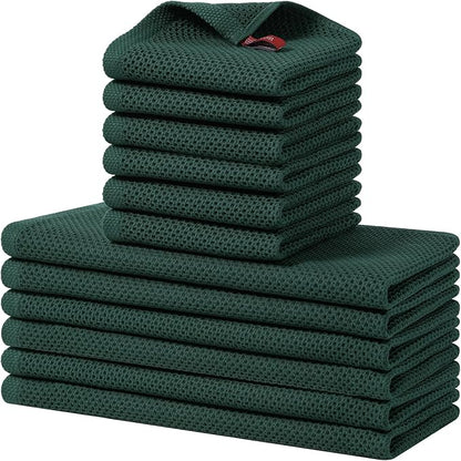 Homaxy 100% Cotton Kitchen Towels and Dishcloths Set, 12 x 12 Inches and 13 x 28 Inches, Set of 12 Bulk Kitchen Towels Set, Ultra Soft Absorbent Dish Cloths for Washing Dishes, Blackish Green