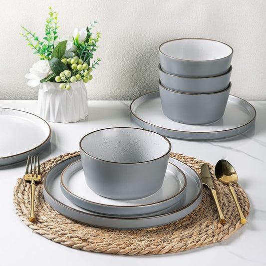 AmorArc Dinnerware Sets of 4, 12 Piece Plates and Bowls Set, Chip and Crack Resistant, Dishwasher & Microwave Safe Ceramic Dishes Set