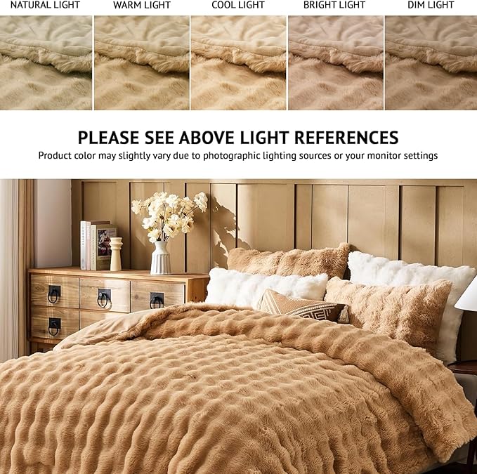 Lotus Karen Faux Fur Full Comforter Set – Brown Fluffy Comforter Full Size, Big Bubble Faux Rabbit Fur Bedding Comforter Sets, Winter Warm Cozy Fuzzy Bed Set 3 Pieces, 1 Comforter and 2 Pillowcases