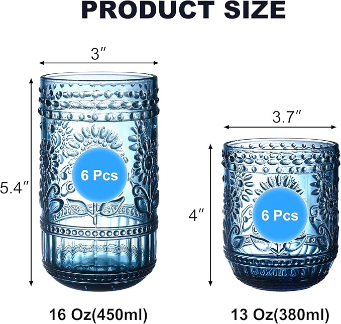 Blue Drinking Glasses Set of 12, 16 Oz Highball & 13 Oz Cocktail Glasses, Blue Kitchen Vintage Glassware Set, Floral Embossed Glass Tumbler Cups for Juice, Beer, Water, Whiskey, Coffee