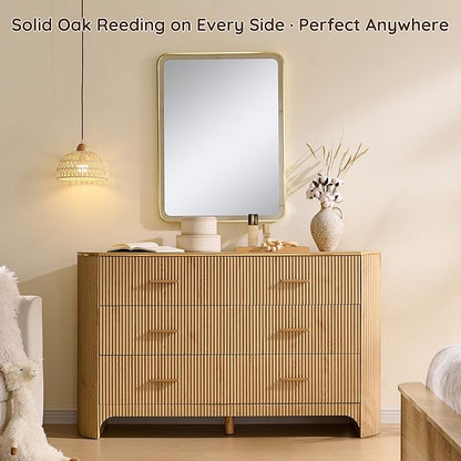 Fluted 6 Drawer Dresser for Bedroom with Curved Profile Design,53.9" W Chest of Drawers with Reeded Texture,Wide Storage Cabinet with Smooth-Glide Drawers,gold metal handle or Living Room,Natural Oak