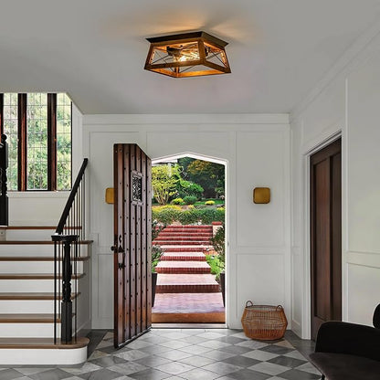 Farmhouse Ceiling Light, 2-Light Flush Mount Light Fixture with Metal and Wood Design, Rustic Light Fixture for Kitchen, Entryway, Hallway, Bedroom