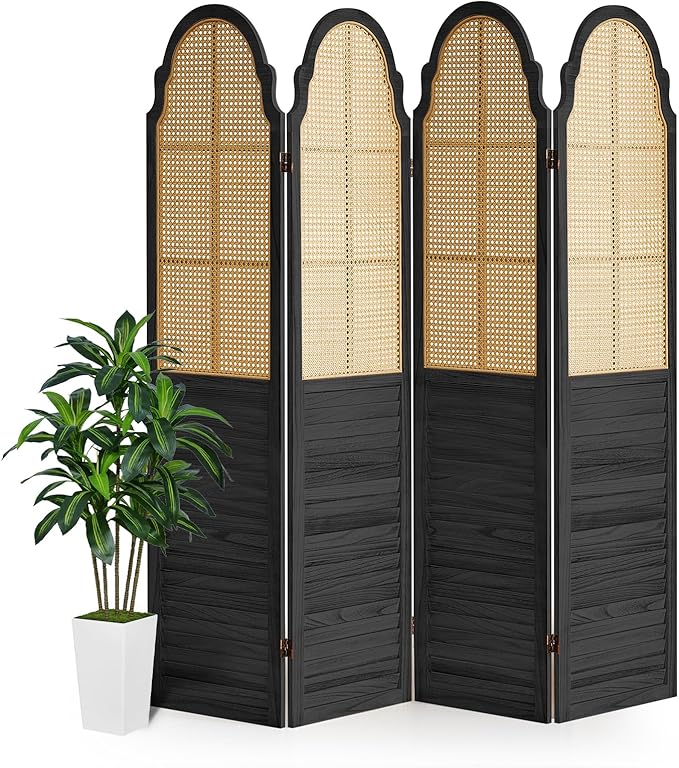4 Panel Wood Room Divider, Folding Privacy Screen, Rattan Room Divider Wall, Foldable Wood Divider Wall, Portable Partition Screen Room Deco Divider for Room Separation Bedroom Garden (Black)