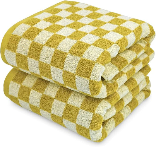 Luxury Bath Towels  Pack of 2 Cotton Fall Bathroom Towels Sets for Body Drying 55x27.5 Inches Mustard Yellow Checkered